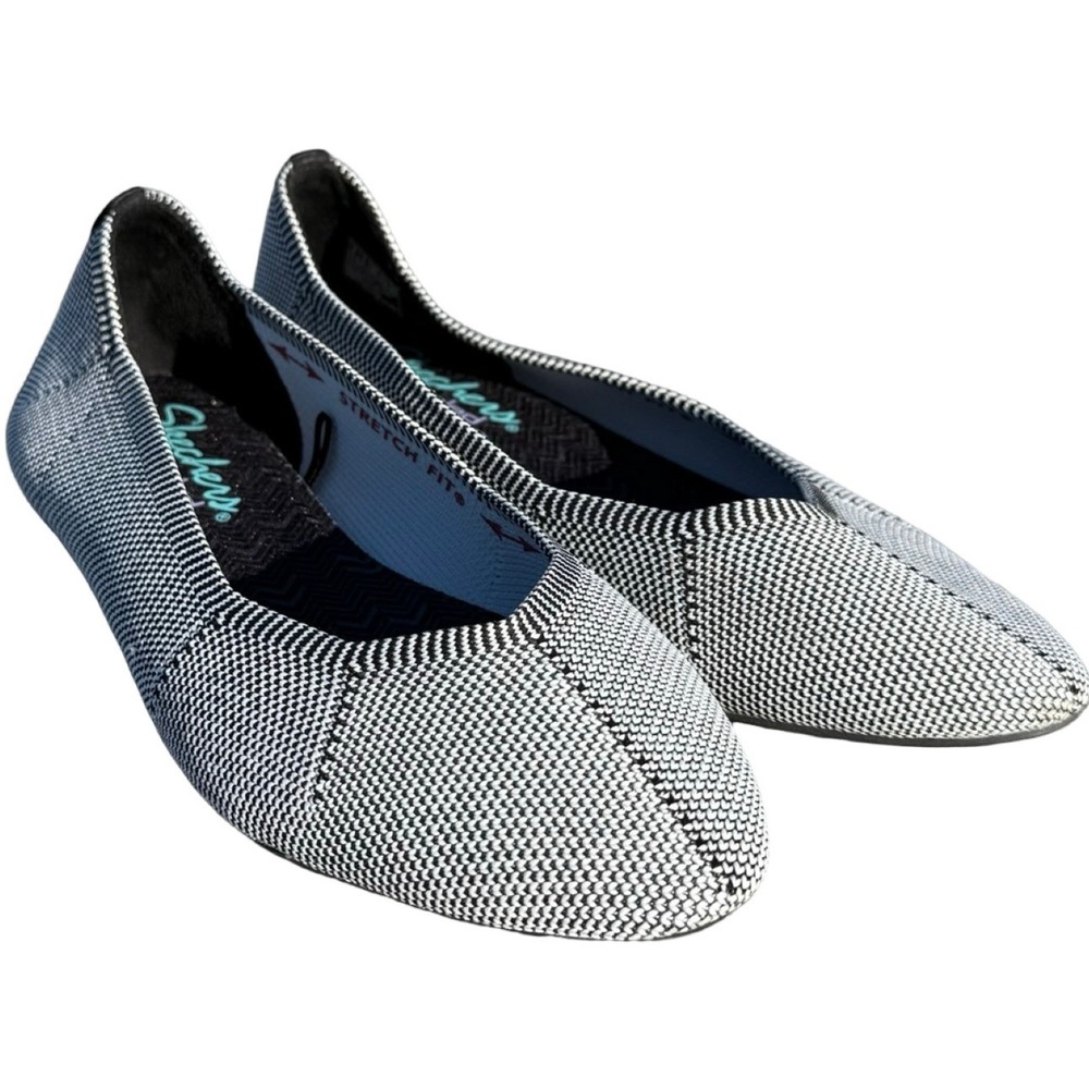 Skechers Black White Knit Ballet Flats Air Cooled Memory Foam Stretch Fit